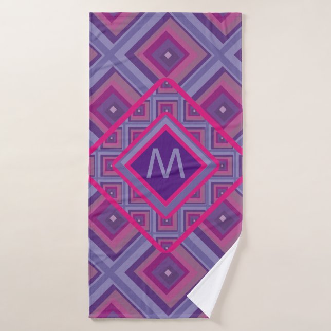 Monogram Initial Geo Purple Pink Diamond Pattern Bath Towel Set (Bath Towel)