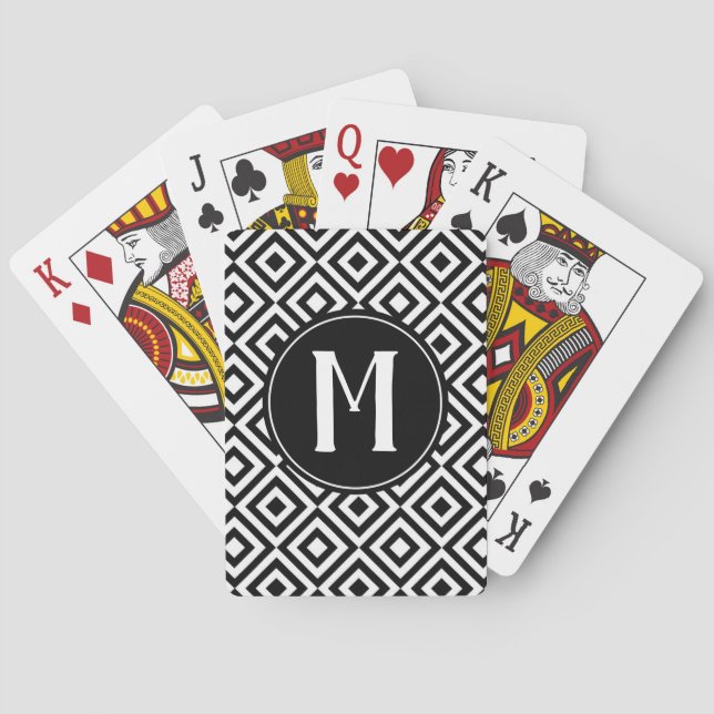 Monogram Initial Geometric Black & White Pattern Playing Cards (Back)