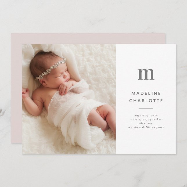 Monogram Initial Girls Photo Birth Announcement (Front/Back)