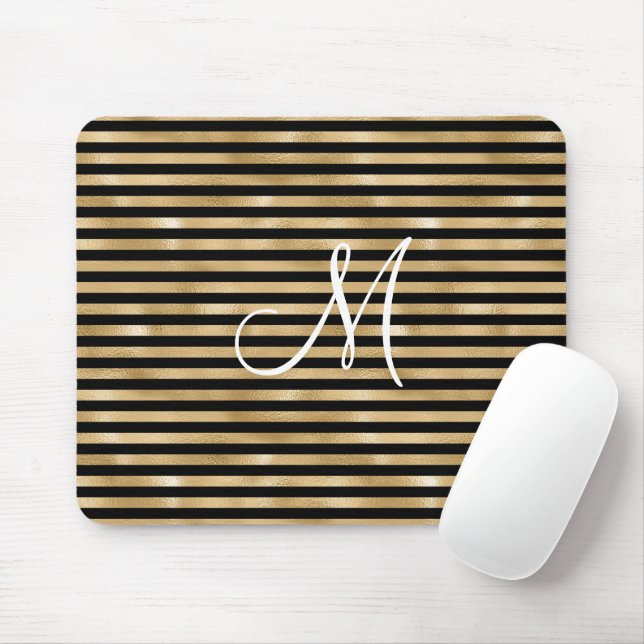 Monogram Initial Gold and Black Striped Mouse Pad (With Mouse)