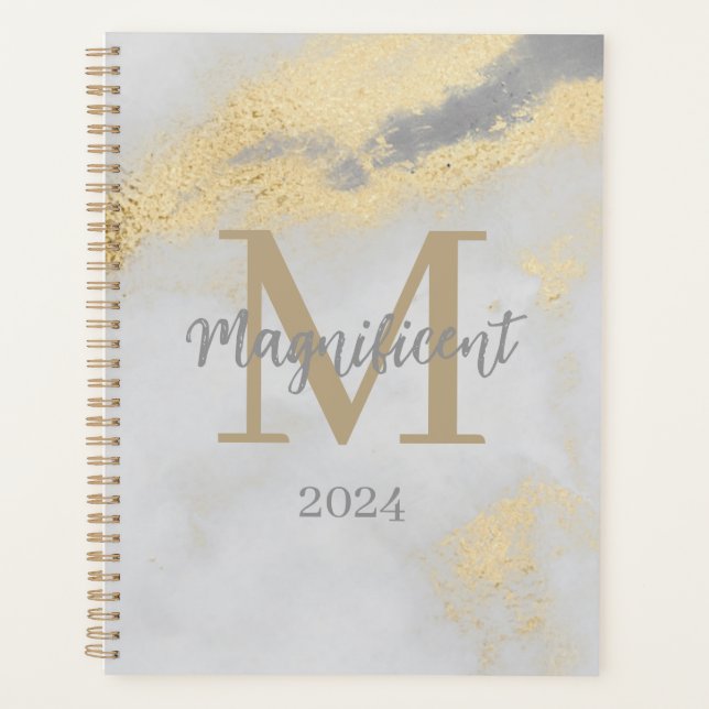 Monogram Initial Gold and Grey Marble 2024 Undated Planner (Front)