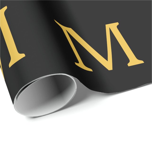 Monogram Initial Gold Black Custom Name Party  Wrapping Paper (Roll Corner)