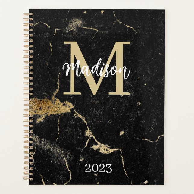 Monogram Initial Gold Black Marble Planner (Front)