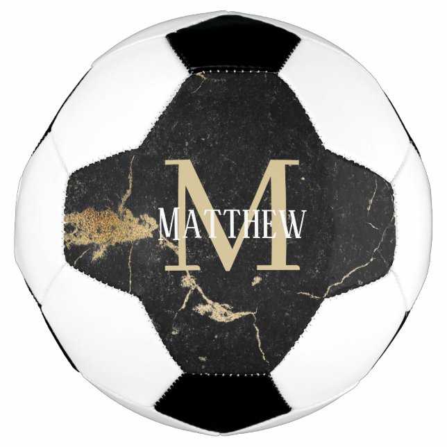 Monogram Initial Gold Black Marble Soccer Ball (Front)