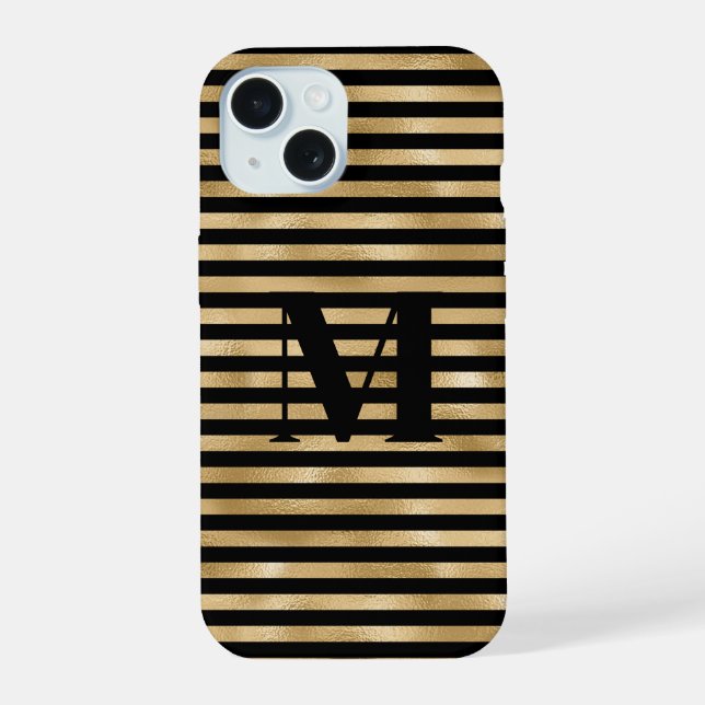 Monogram Initial Gold Black Striped iPhone 15 Case (Back)
