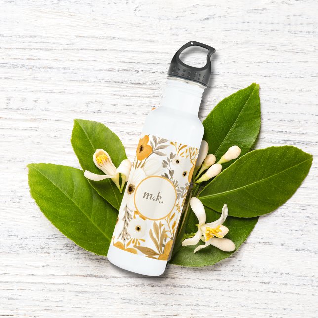 Monogram Initial Gold Brown White Floral Botanical 710 Ml Water Bottle (Monogram Initials Gold Brown Yellow White Floral Botanical Watercolor Waterbottle)