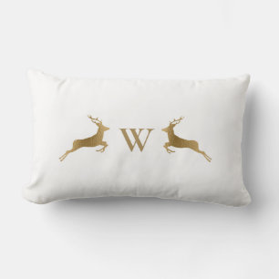 Monogram Initial Gold Deer White Winter Lumbar Cushion