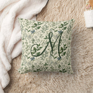 Monogram Initial Green Botanical Cottagecore Cushion