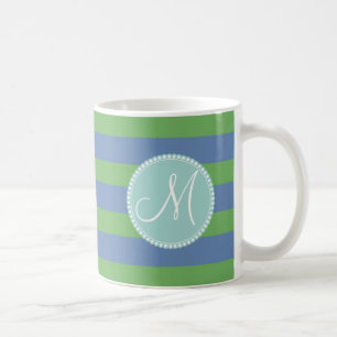 Monogram Initial Green Periwinkle Striped Pattern Coffee Mug