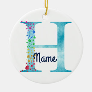 Monogram Initial H Rainbow Star design Ceramic Ornament