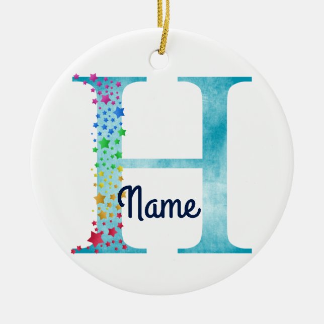 Monogram Initial H Rainbow Star design Ceramic Ornament (Front)