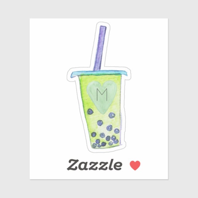 Monogram Initial Heart Green Bubble Tea (Sheet)