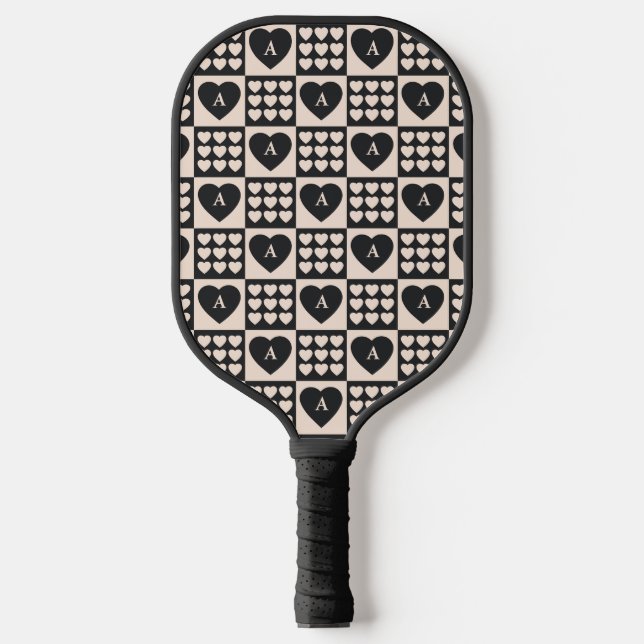 Monogram Initial Hearts Chequered Personalised Pickleball Paddle (Front)