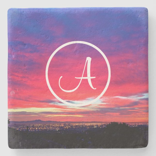 Monogram Initial Hot Pink Blue Sunset Photo Custom Stone Coaster (Front)