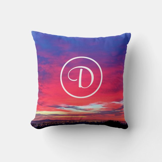 Monogram Initial Hot Pink Blue Sunset Photo Modern Cushion (Front)