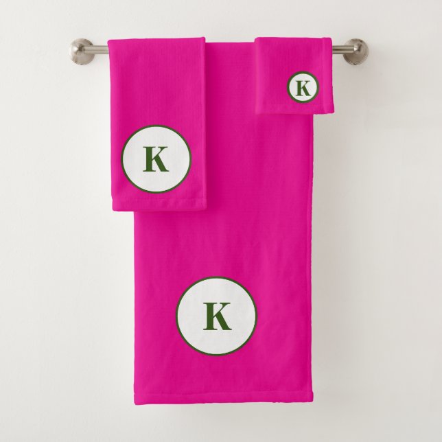 Monogram Initial Hot Pink Green Colourful Modern Bath Towel Set (Insitu)
