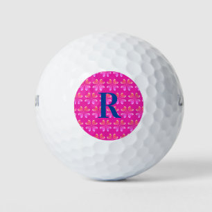 Monogram Initial Hot Pink Retro Flower Pattern Golf Balls