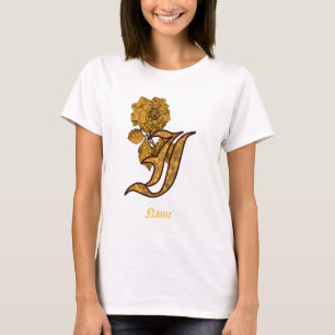 Monogram Initial I Gold Peony Flower Personalized T-Shirt