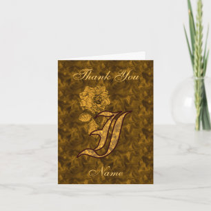 Monogram Initial I Gold Satin Peony Personalised Thank You Card