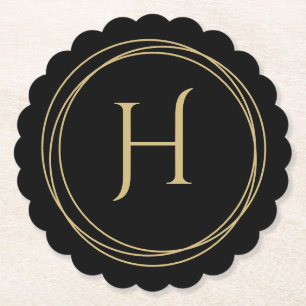 Monogram Initial in Circles Scalloped Round Paper Coaster