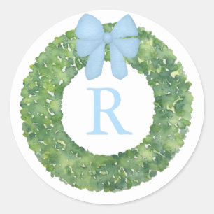 Monogram Initial Inside Boxwood Wreath With Bow Classic Round Sticker