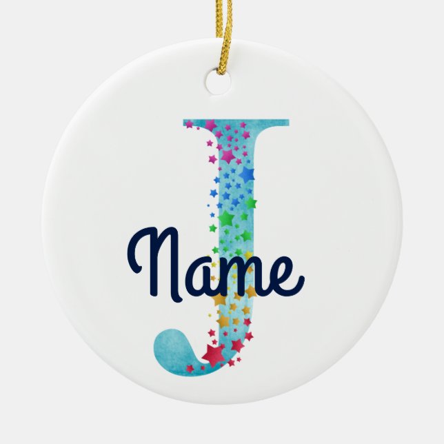 Monogram Initial J Rainbow Star design Ceramic Ornament (Front)