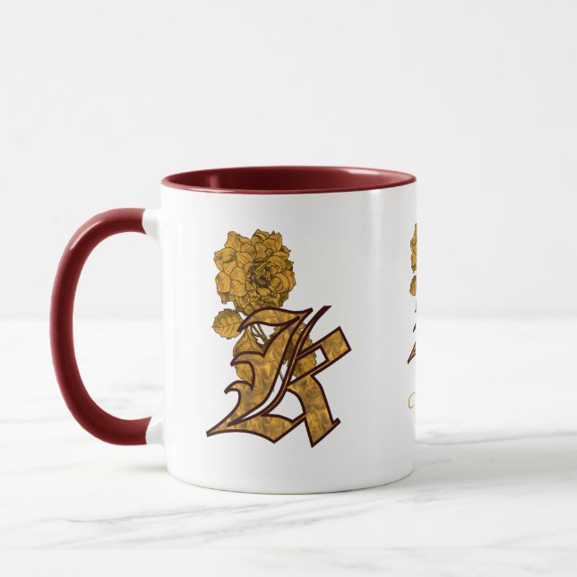 Monogram Initial K Elegant Gold Peony Personalised Mug (Left)