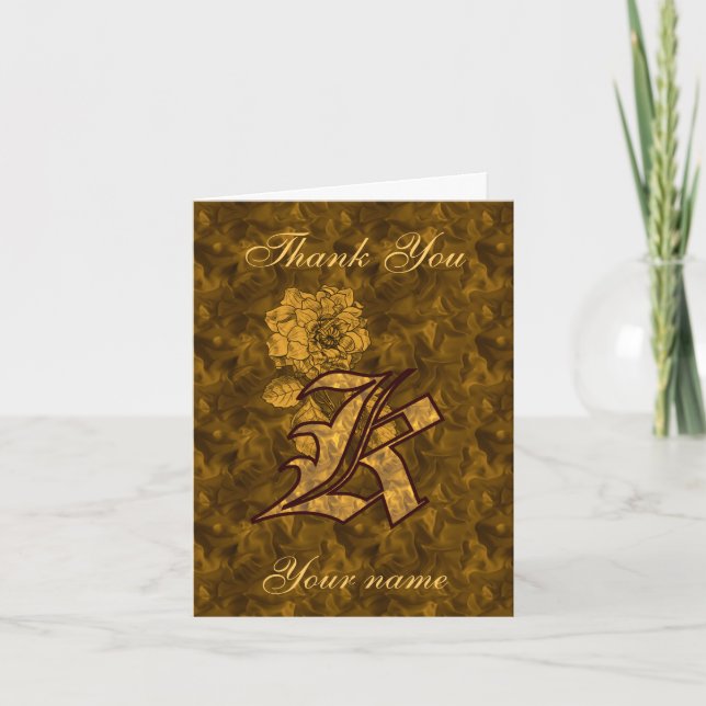 Monogram Initial K Gold Satin Peony Personalised Thank You Card (Front)