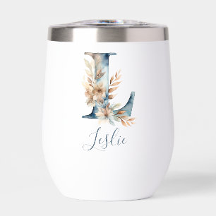 Monogram Initial L Blue Floral Watercolor Gift Her
