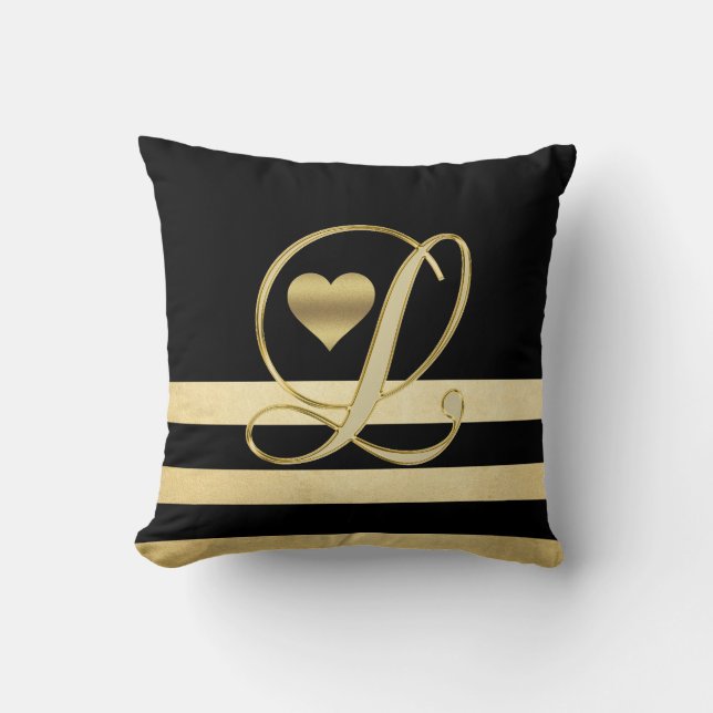 Monogram Initial 'L' Gold Black Heart Throw Cushion (Front)