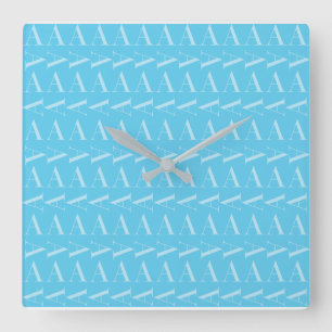 Monogram Initial Letter A, Aqua Blue Square Wall Clock