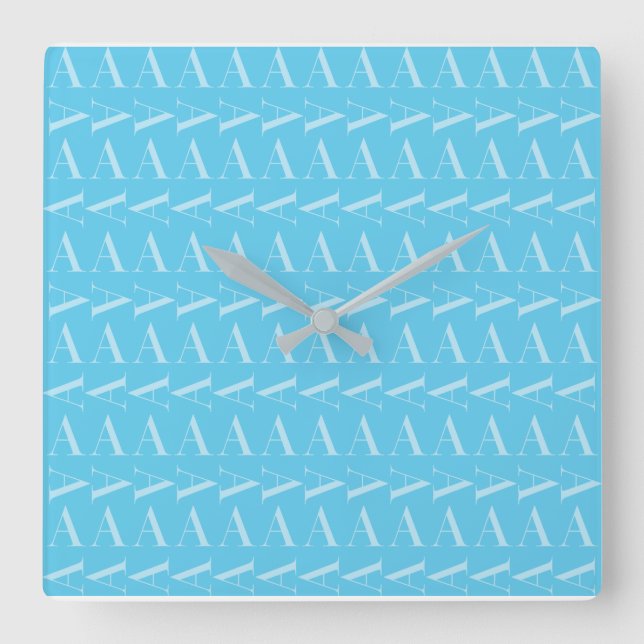 Monogram Initial Letter A, Aqua Blue Square Wall Clock (Front)