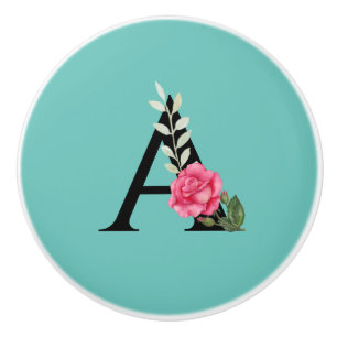 Monogram Initial Letter A in White Pink Rose Ceramic Knob