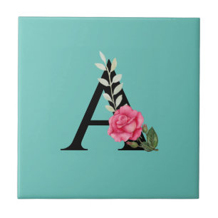 Monogram Initial Letter A in White Pink Rose Ceramic Tile