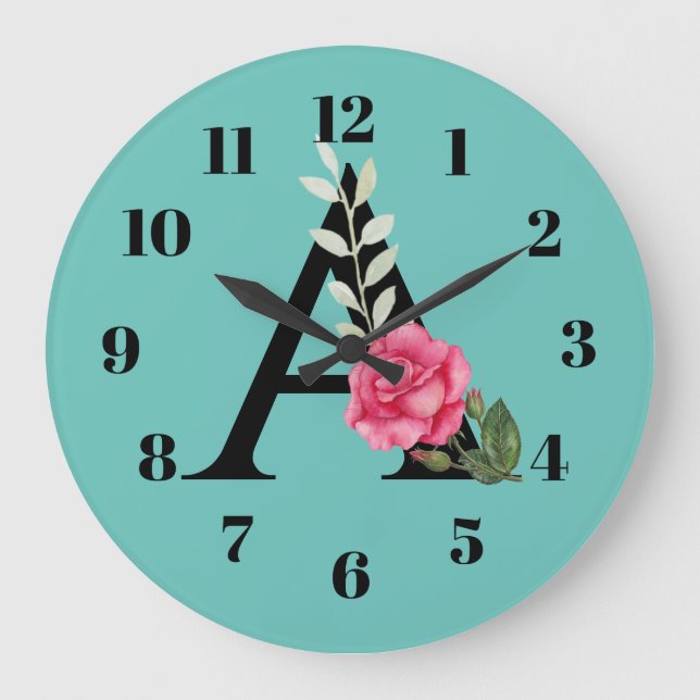 Monogram Initial Letter A in White Pink Rose Large Clock (Front)