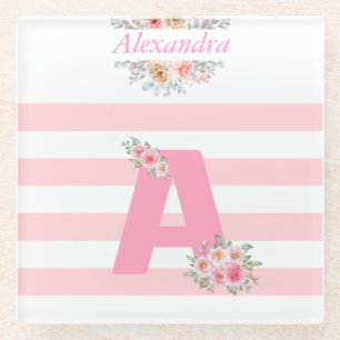 Monogram Initial Letter A Pretty Pink Letter A Glass Coaster
