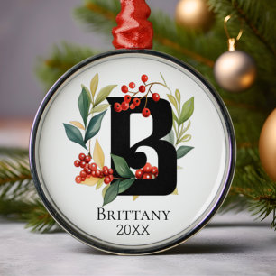 Monogram Initial Letter B Berry Wreath Christmas Metal Ornament