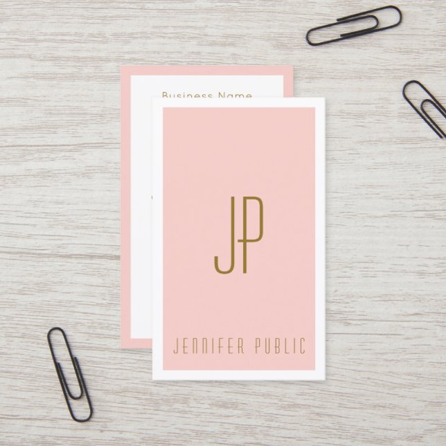 Monogram Initial Letter Blush Pink Gold Vertical Business Card (Front/Back In Situ)