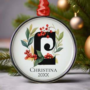 Monogram Initial Letter C Berry Wreath Christmas Metal Ornament