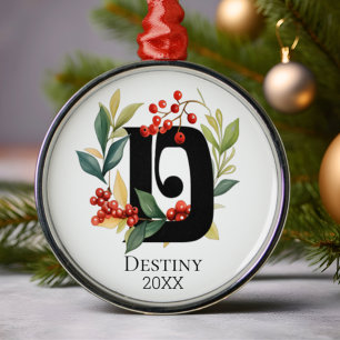 Monogram Initial Letter D Berry Wreath Christmas Metal Ornament