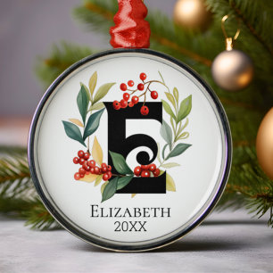 Monogram Initial Letter E Berry Wreath Christmas Metal Ornament