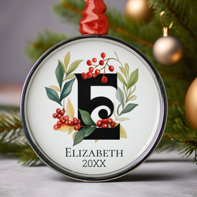 Monogram Initial Letter E Berry Wreath Christmas Metal Ornament (Creator Uploaded)