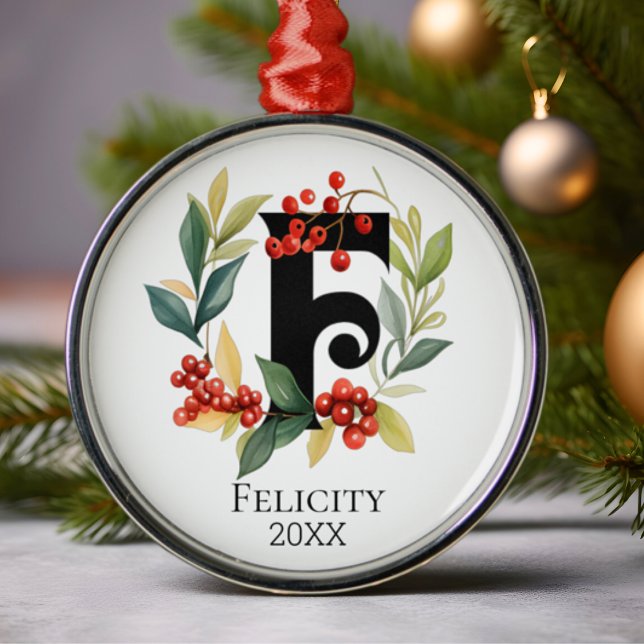 Monogram Initial Letter F Berry Wreath Christmas Metal Ornament (Creator Uploaded)