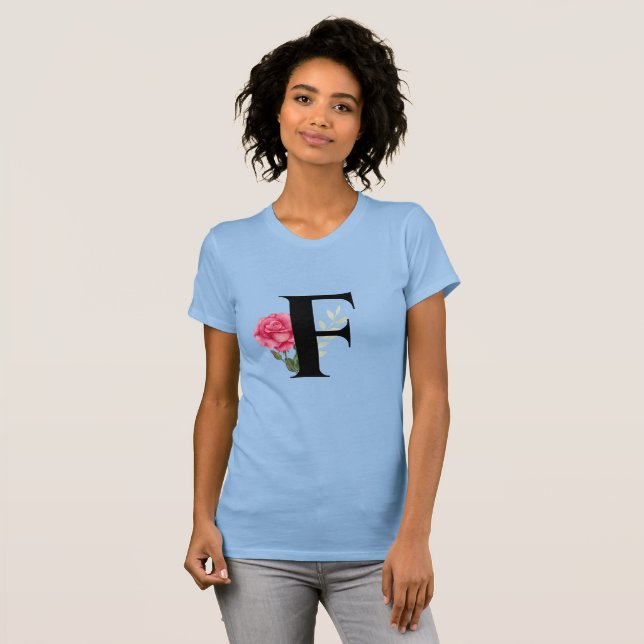 Monogram Initial Letter F in Black with Pink Rose T-Shirt (Front Full)