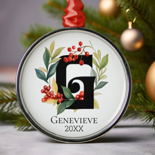 Monogram Initial Letter G Berry Wreath Christmas Metal Ornament