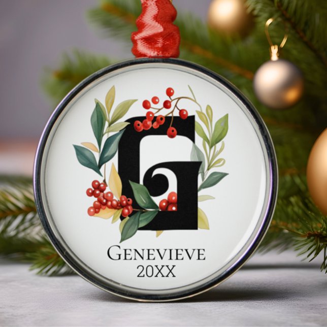 Monogram Initial Letter G Berry Wreath Christmas Metal Ornament (Creator Uploaded)