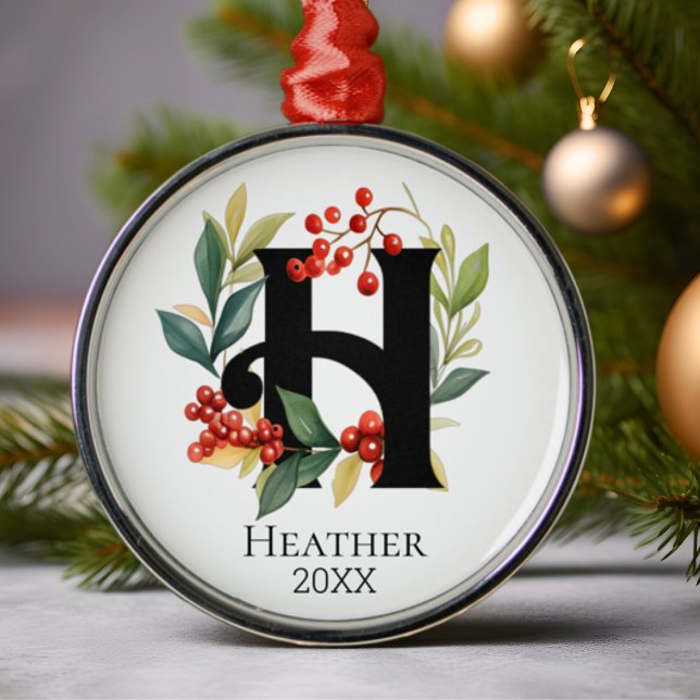 Monogram Initial Letter H Berry Wreath Christmas Metal Ornament (Creator Uploaded)
