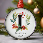 Monogram Initial Letter I Berry Wreath Christmas Metal Ornament<br><div class="desc">An elegant monogram initial Letter I with a Christmas Berry Wreath and a place to personalise with Name and year.</div>