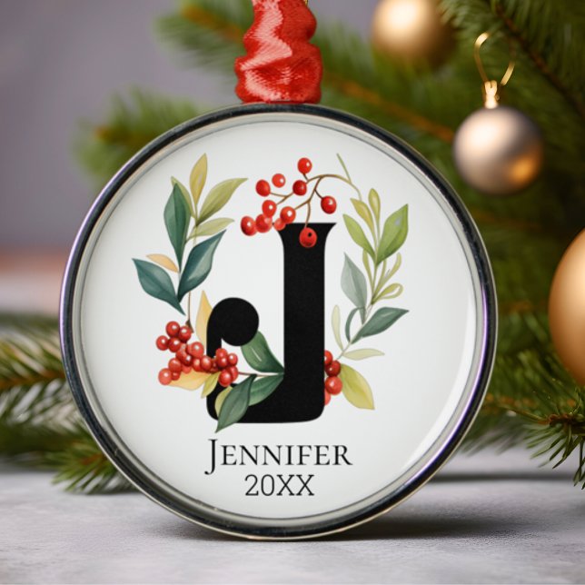 Monogram Initial Letter J Berry Wreath Christmas Metal Ornament (Creator Uploaded)
