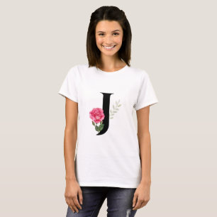 Monogram Initial Letter J  in Black with Pink Rose T-Shirt